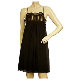 Temperley London Temperley Minikleid aus schwarzer Seide mit goldener Stickerei und Spaghettiträgern, Größe UK 12
