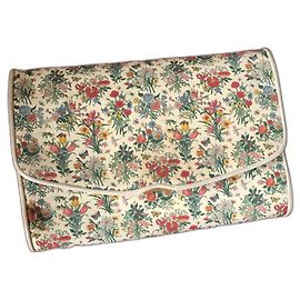 Gucci Beige Leather and Floral Satin Clutch Bag with Gold Chain