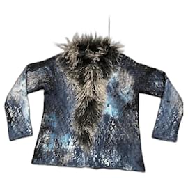 VOR DIR Strickjacke Blau Kaschmir Wolle Pelzkragen - Autre Marque