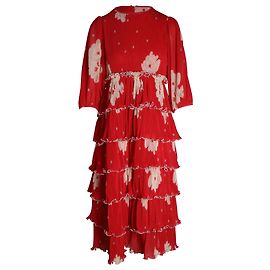 Gestuftes Midikleid von Ganni aus recyceltem Polyester mit rotem Blumendruck