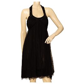 Jasmine Di Milo Abendkleid aus schwarzer Spitze mit offenem Rücken und Perlen, knielang, UK 12