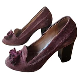 Mocasines Lanvin burdeos de piel con pompones de ante
