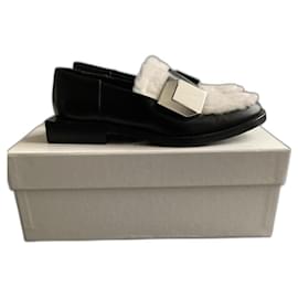 Pierre Hardy Black Leather Moccasins with White Faux Fur