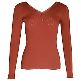 Sandro Justy – Gerippter Langarmpullover mit V-Ausschnitt aus roter Viskose
