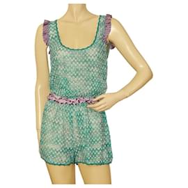 Missoni Mare Mono corto de punto en zigzag azul con volantes morados Talla corta 40