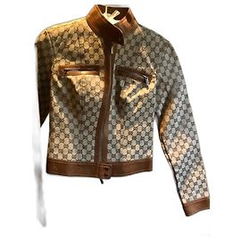 Gucci Logo Print Biker Jacke Braun Beige