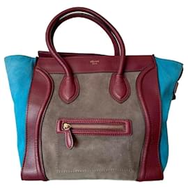 Trolley Céline in pelle bordeaux e camoscio turchese e ocra