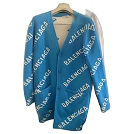 Balenciaga Cardigan mit Logo blau weiß Wolle