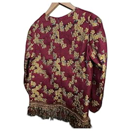 Dries Van Noten Brokat Oberteil Bordeaux und Gold mit Fransen