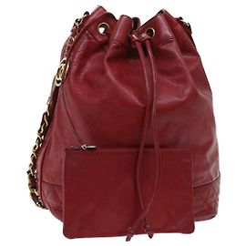 CHANEL Chain Shoulder Bag Lamb Skin Red CC Auth bs7902