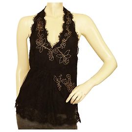 Temperley London Top senza maniche Temperley in pizzo nero con perline floreali, scollo all'americana e schiena aperta, taglia UK 10