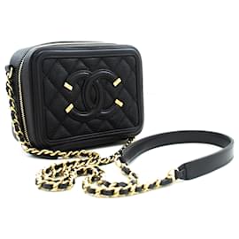 Borsa a tracolla con catena CHANEL in pelle di vitello Micro Caviar granulata Nera con zip