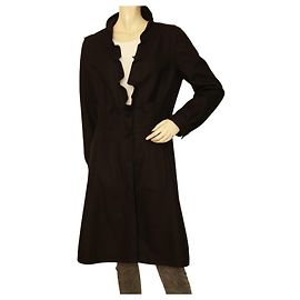 Miu Miu Lana negra Escote en V con volantes Hasta la rodilla Talla de abrigo 44