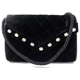 BOLSO DE HOMBRO ACOLCHADO MONEDERO NEGRO DE TERCIOPELO STRASS VINTAGE CHANEL