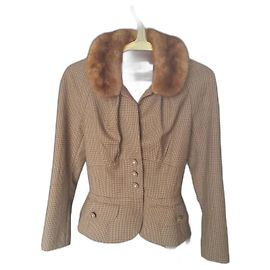 Christian Dior Giacca Corta Pied de Poule in Lana con Colletto in Visone