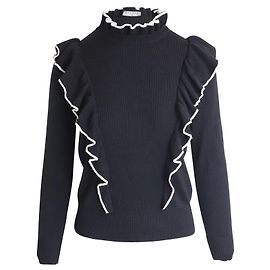 Maglione Sandro Paris in Misto Lana con Volant in Acrilico Nero