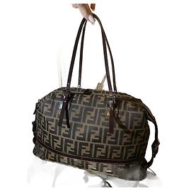 Borsa a mano Fendi in tela e pelle marrone