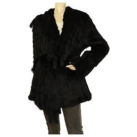 Autre Marque Derhy Rabbit Fur Negro Corte moderno Chaqueta con cinturón Abrigo w. Flecos talla L