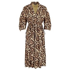 Vestido midi con cuello en V y estampado de leopardo Fendi en poliéster marrón