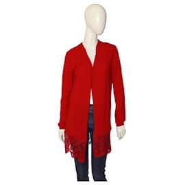 Emilio Pucci Strickjacke aus rotem Schurwollstrick und Spitze mit offener Vorderseite, Cardi, Größe L