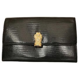 Gianfranco Ferré Gianfranco Ferre Pochette con patta in pelle di lucertola nera Zampa di leone color oro