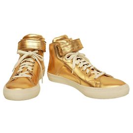 Scarpe da ginnastica alte Pierre Hardy in pelle dorata con cinturino allacciato 40