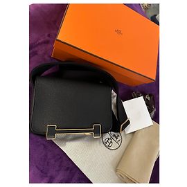 Borsa a mano Hermès Geta in pelle nera con finiture oro