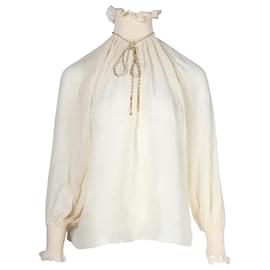 Top con cuello fruncido y detalle de collar de cuerda Celine en seda color crema - Céline