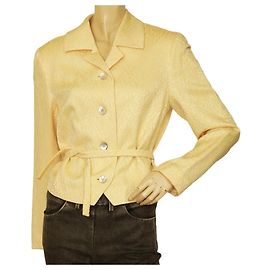 Giacca aderente con bottoni in lana e seta jacquard floreale gialla Dries Van Noten 40