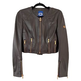 Autre Marque LIVE&LOVE Chaqueta Corta de Cuero Marrón con Detalle de Cocodrilo