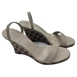 Gucci Striped Wedge Sandals Beige Leather Canvas