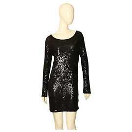 Chloé Vestido Corto Negro con Lentejuelas y Manga Larga