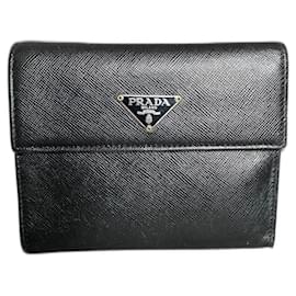 Prada Geldbörse mit Dreieck Logo Schwarz Leder