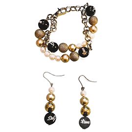 Bellissima luminosa parure acciaio dorato e perle bracciale più orecchini DOLCE & GABBANA con, perle bianche, oro e nere