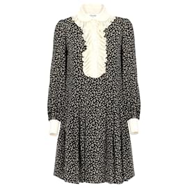 Céline Seidenkleid mit Blumenmuster Langarm Schwarz Ecru