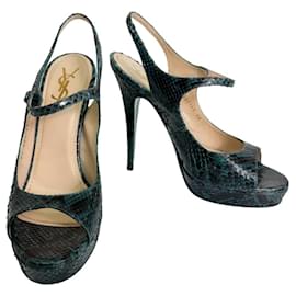 Yves Saint Laurent Sandales à lanières en cuir peau de serpent bleu sarcelle 40