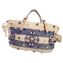Borsa Gerard Darel Woodstock Ibiza 24H in paglia e pelle blu beige