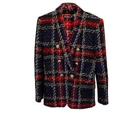 Blazer a petto foderato in tartan Balmain in tweed multicolor