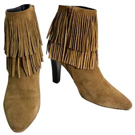 Saint Laurent Camel Beige Daim Fringe Talons Hauts Bout Amande Bottines Chaussures 38.5