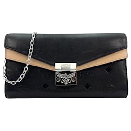 MCM Tracy Sac portefeuille en cuir à bandoulière Noir Beige Pochette Sac à bandoulière Logo
