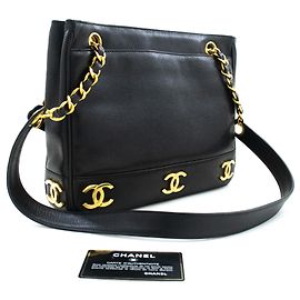 CHANEL Caviar Triple Coco Chain Sac à bandoulière Cuir Noir Or