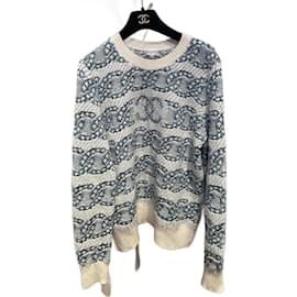 Chanel Cocomark Pullover Weiß Blau Baumwolle Kaschmir 42