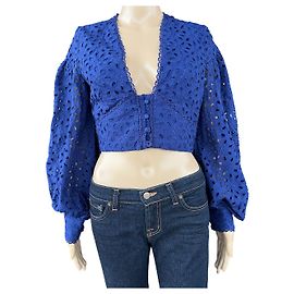 Karen Millen Top de algodón bordado con mangas voluminosas azul