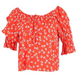 Ganni – Schulterfreies Oberteil mit silbernem Blumenmuster aus roter Viskose