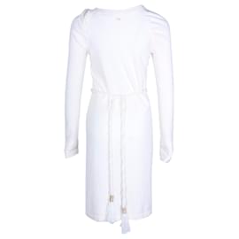 Vestido Chanel de punto de manga larga hasta la rodilla en cachemir color crema