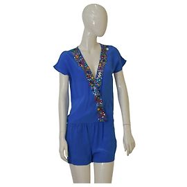 Mono corto de seda azul American Retro Fidji con bordados