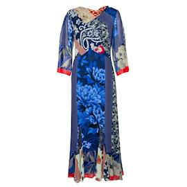 Vestido largo de seda con estampado múltiple en azul de Etro.