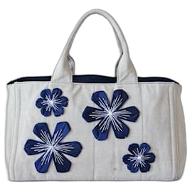 Borsa Tote Prada Canapa Blu Beige in Tela