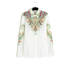 Etro FR40 Top Blanco Camisa de Popelina Verde US10