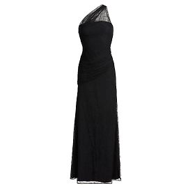 Vestido largo de encaje negro de un hombro de Roberto Cavalli.